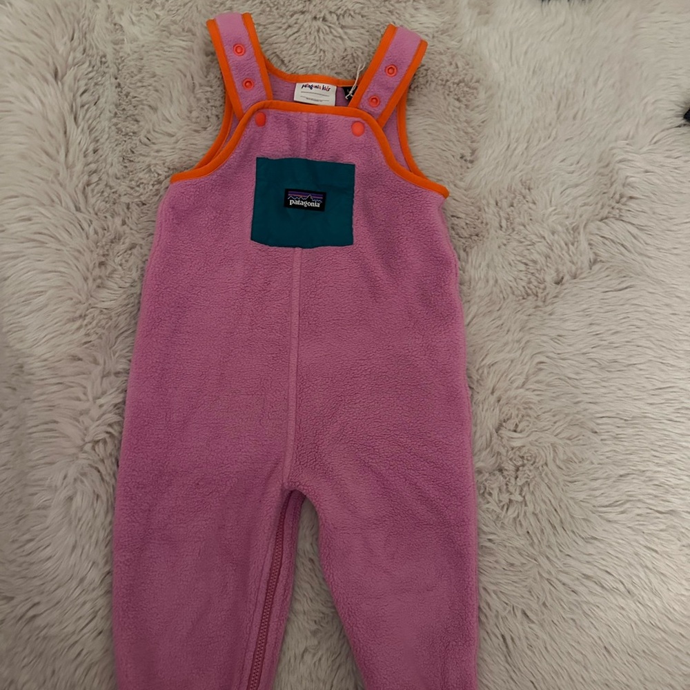 Patagonia Pink Fleece Overalls with Orange Trim